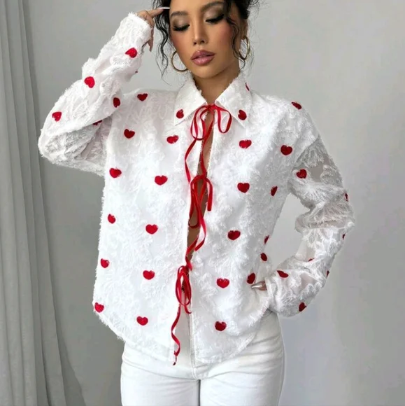 Valentine's Day Heart Cutout Tie Front Women Blouse, Red - Picture 3 of 4